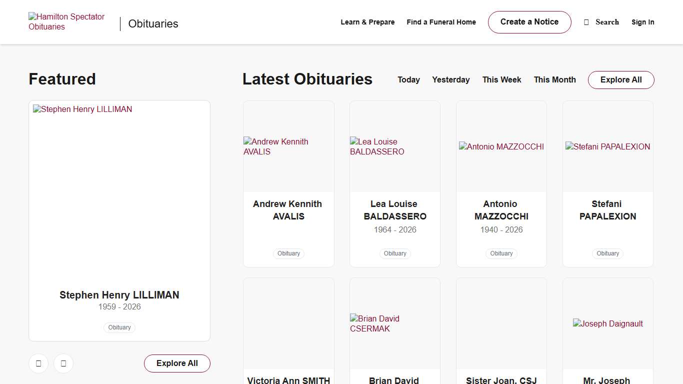 Obituaries Hamilton Spectator